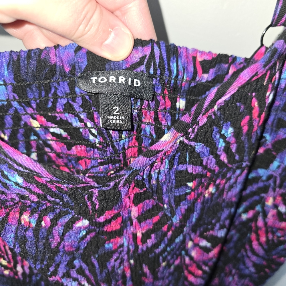 Torrid Smocked Pink and Purple Palm Leaf Dress - Plus Size: 2x - Picture 5 of 11